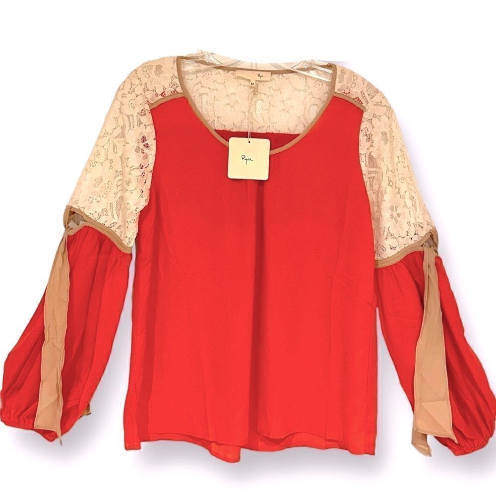 Rye blouse with balloon cut out sleeve with cream lace orange size M.